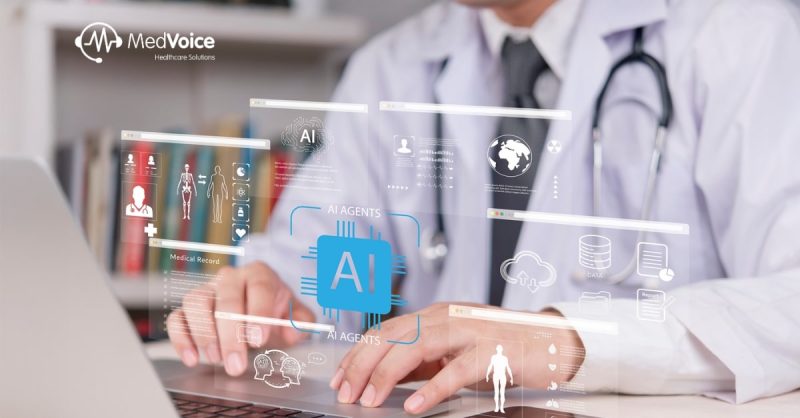 Doctor reviewing patient records on a tablet with AI software overlay