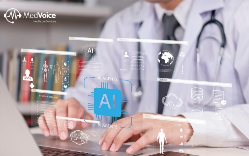 Doctor reviewing patient records on a tablet with AI software overlay