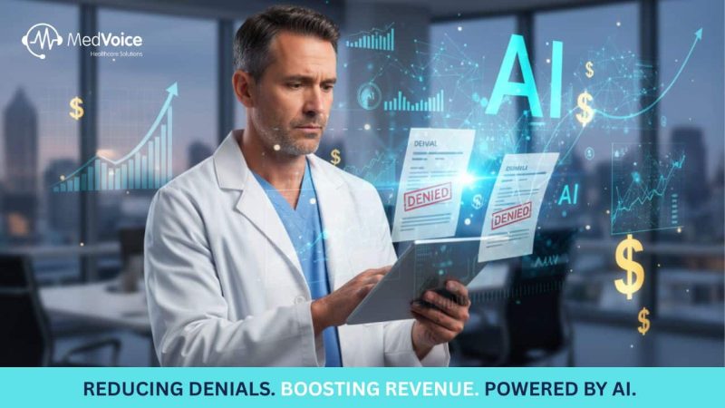 A doctor reviews documents marked "DENIED" with AI-powered RCM digital graphics, charts, and dollar signs in the background, illustrating how AI reduces the cost of denials and boosts practice revenue.