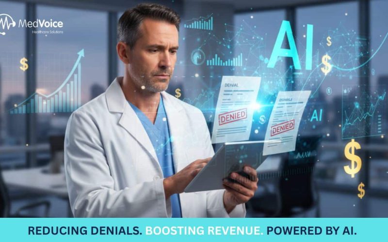 A doctor reviews documents marked "DENIED" with AI-powered RCM digital graphics, charts, and dollar signs in the background, illustrating how AI reduces the cost of denials and boosts practice revenue.
