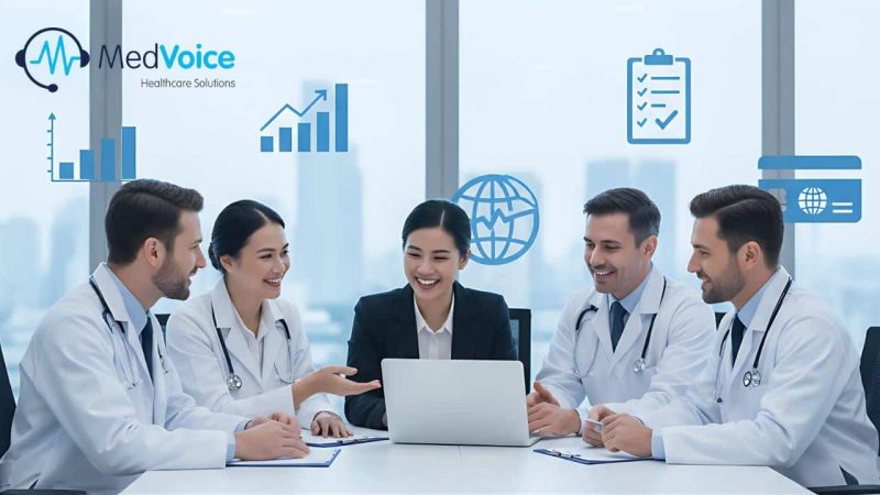 Five professionals, four in white lab coats and one in a suit, sit around a table with a laptop, discussing medical practice and credentialing. Medical and business icons appear above them, with a "MedVoice Healthcare Solutions" logo.