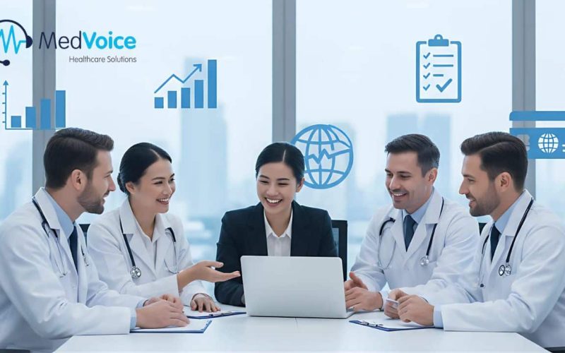 Five professionals, four in white lab coats and one in a suit, sit around a table with a laptop, discussing medical practice and credentialing. Medical and business icons appear above them, with a "MedVoice Healthcare Solutions" logo.