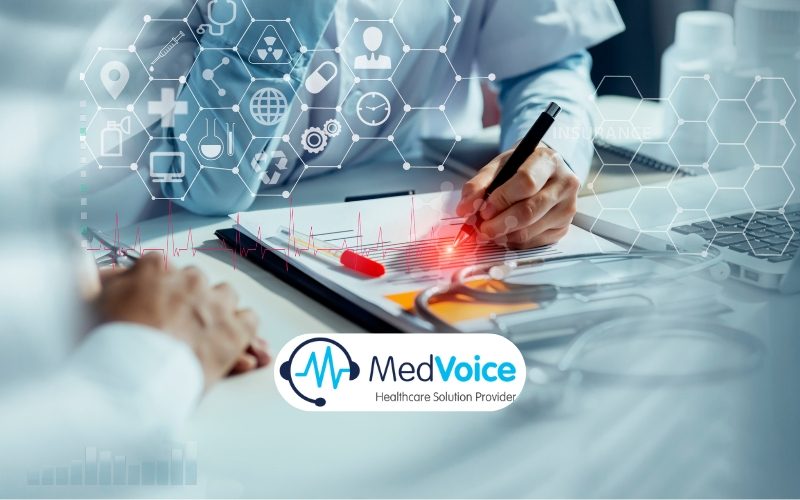 A doctor reviews patient charts with a stethoscope, digital healthcare documentation icons overlayed, and a MedVoice Healthcare Solution Provider logo at the bottom.