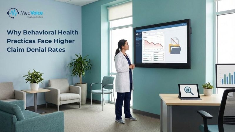 A healthcare professional stands in an office looking at a large screen displaying data, with text reading “Why behavioral health practices face higher claim denial rates.”.