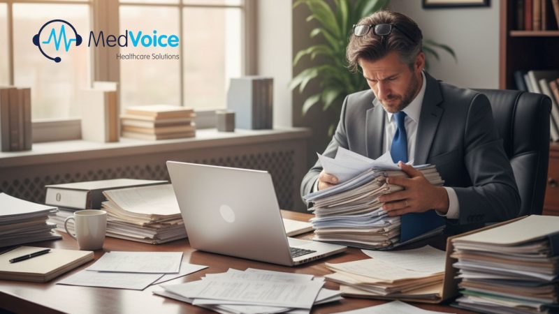 A man in business attire reviews paperwork at a cluttered desk with a laptop; the MedVoice Healthcare Solutions logo is visible on the wall, suggesting the importance of expert medical review in managing complex documentation.