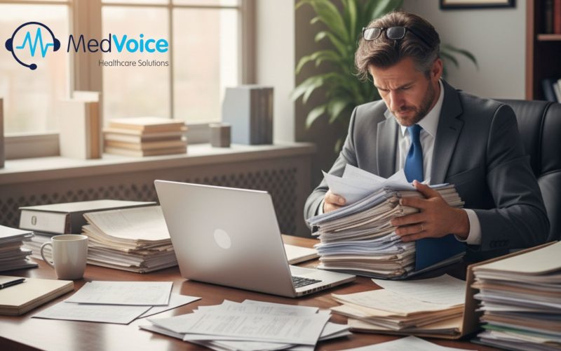 A man in business attire reviews paperwork at a cluttered desk with a laptop; the MedVoice Healthcare Solutions logo is visible on the wall, suggesting the importance of expert medical review in managing complex documentation. A man in business attire reviews paperwork at a cluttered desk with a laptop; the MedVoice Healthcare Solutions logo is visible on the wall, suggesting the importance of expert medical review in managing complex documentation.