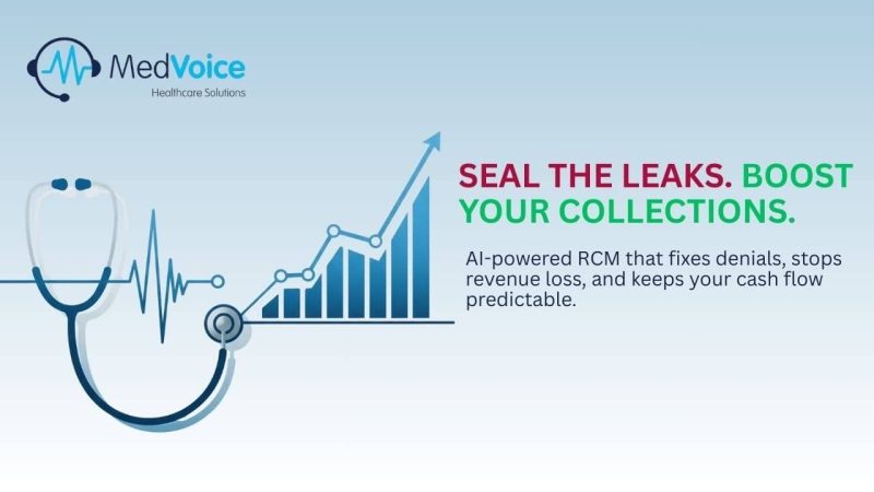 A stethoscope forms a chart with rising bars and an upward arrow. Text promotes MedVoice's AI-powered RCM to stop revenue leaks and boost cash flow throughout the entire revenue cycle.