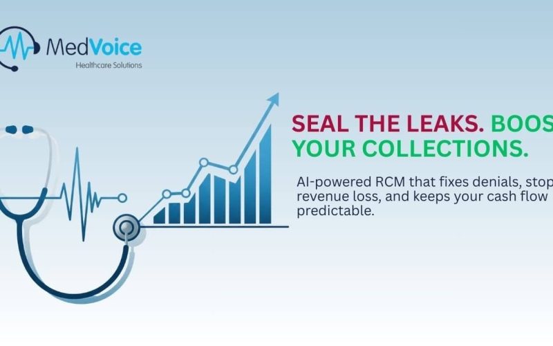 A stethoscope forms a chart with rising bars and an upward arrow. Text promotes MedVoice's AI-powered RCM to stop revenue leaks and boost cash flow throughout the entire revenue cycle.