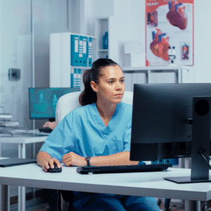 Woman in medical scrubs sits at a desk using a computer in a clinical office, focusing on accurate coding with medical charts and equipment visible in the background.