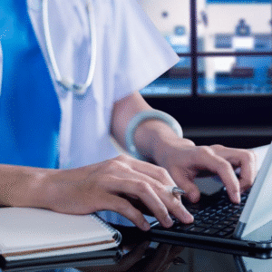 A healthcare professional in scrubs types on a laptop with a notebook beside them in a clinical setting, ensuring accurate coding for patient records.