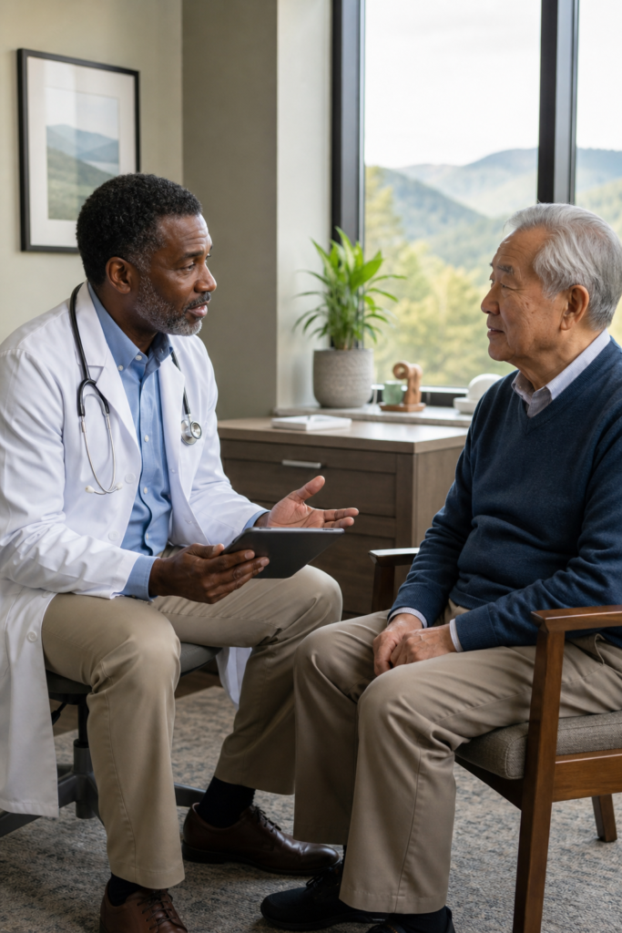 Geriatric clinician consulting with a patient in Asheville, NC