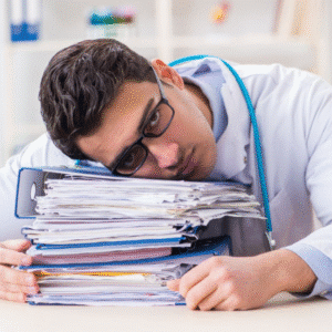 Overwhelmed healthcare staff surrounded by paperwork and digital screens