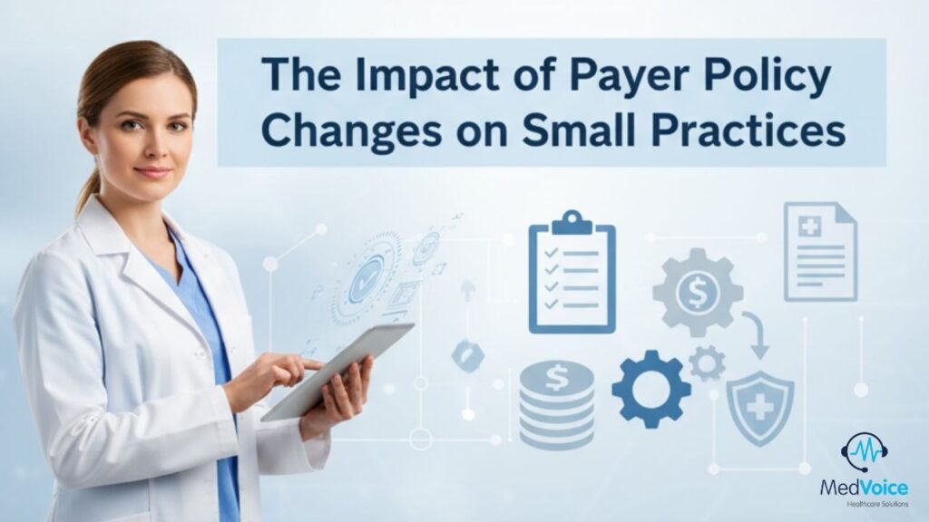 A female doctor with a tablet stands next to graphics of medical and financial icons, highlighting the impact of payer policy changes on small practices.