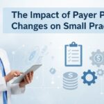 A female doctor with a tablet stands next to graphics of medical and financial icons, highlighting the impact of payer policy changes on small practices.