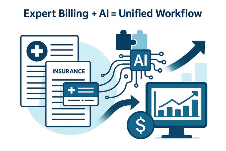 Illustration for MB New Landing Page shows insurance documents, a payment card, AI elements, and a computer with a rising graph, representing streamlined billing workflow with AI integration.
