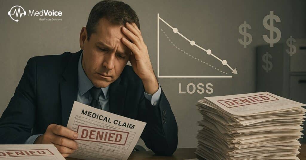 A man in a suit looks stressed while reading a denied medical claim, with a large stack of similar documents and a declining loss chart in the background, highlighting how the cost of denials can impact practice revenue.