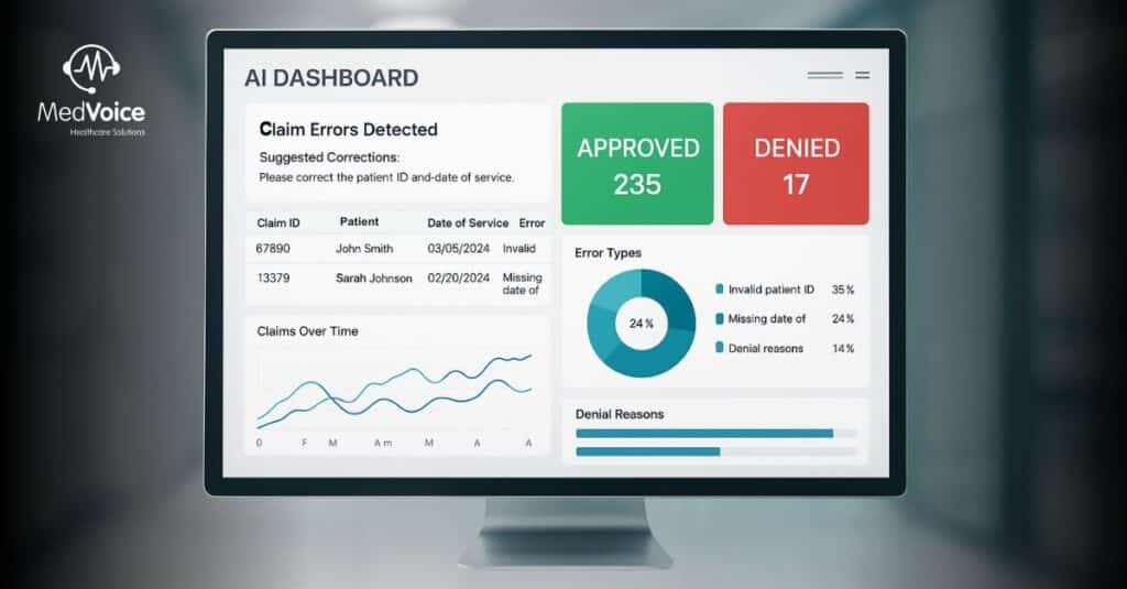A computer screen displays an AI-powered RCM dashboard showing claim errors detected, approval and denial counts, error types, denial reasons, and the cost of denials for healthcare claims to help boost practice revenue.