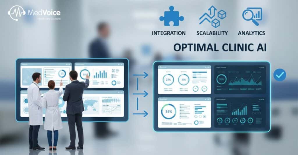 Three medical professionals analyze digital dashboards displaying clinic data; text highlights AI-powered RCM, scalability, and analytics to boost practice revenue and reduce the cost of denials under the title "Optimal Clinic AI" with the MedVoice logo.