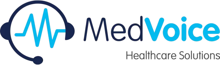 The MedVoice logo presents a blue medical heartbeat line seamlessly intertwined with a headset icon, accompanied by the text "MedVoice Healthcare Solutions" beneath it, perfect for enhancing any header while working in the healthcare sector.