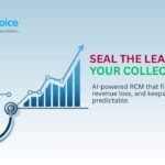 A stethoscope forms a chart with rising bars and an upward arrow. Text promotes MedVoice's AI-powered RCM to stop revenue leaks and boost cash flow throughout the entire revenue cycle.