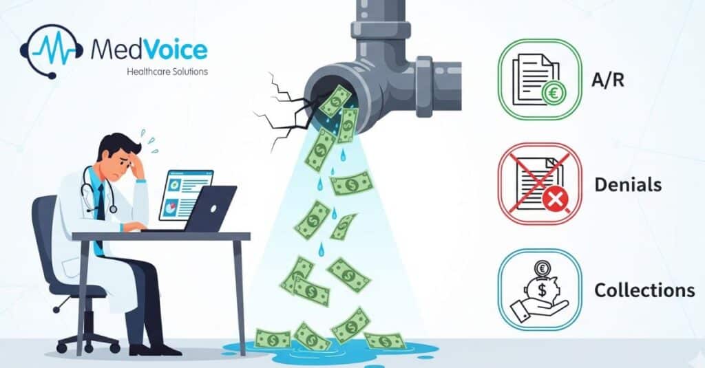 A doctor sits at a desk looking stressed as dollar bills flow from a leaking pipe—highlighting revenue leaks in the Revenue cycle—with icons labeling A/R, Denials, and Collections beside the scene.