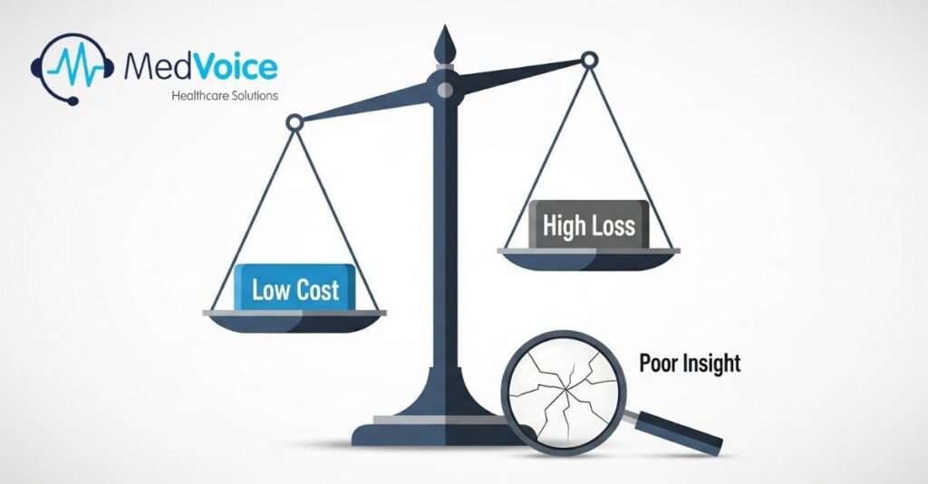 A balanced scale with "Low Cost" on the left and "High Loss" on the right; a cracked magnifying glass labeled "Poor Insight" below highlights revenue leaks. MedVoice Healthcare Solutions logo is in the top left.