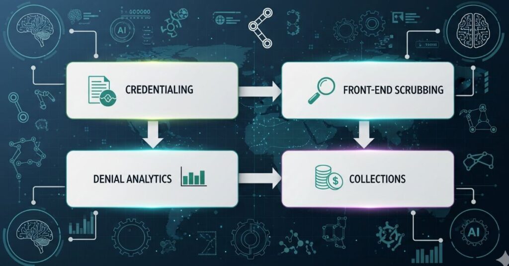 Flowchart illustrating a four-step revenue cycle process: Credentialing leads to Front-End Scrubbing, Denial Analytics leads to Collections, with icons at each step against a tech-themed background—helping you stop revenue leaks efficiently.