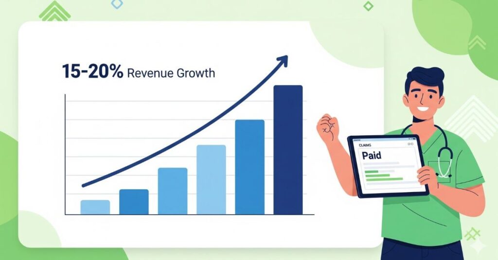 A bar graph shows 15-20% revenue growth and increasing blue bars; a person in scrubs holds a tablet displaying "Paid," highlighting effective strategies to stop revenue leaks and optimize the revenue cycle.