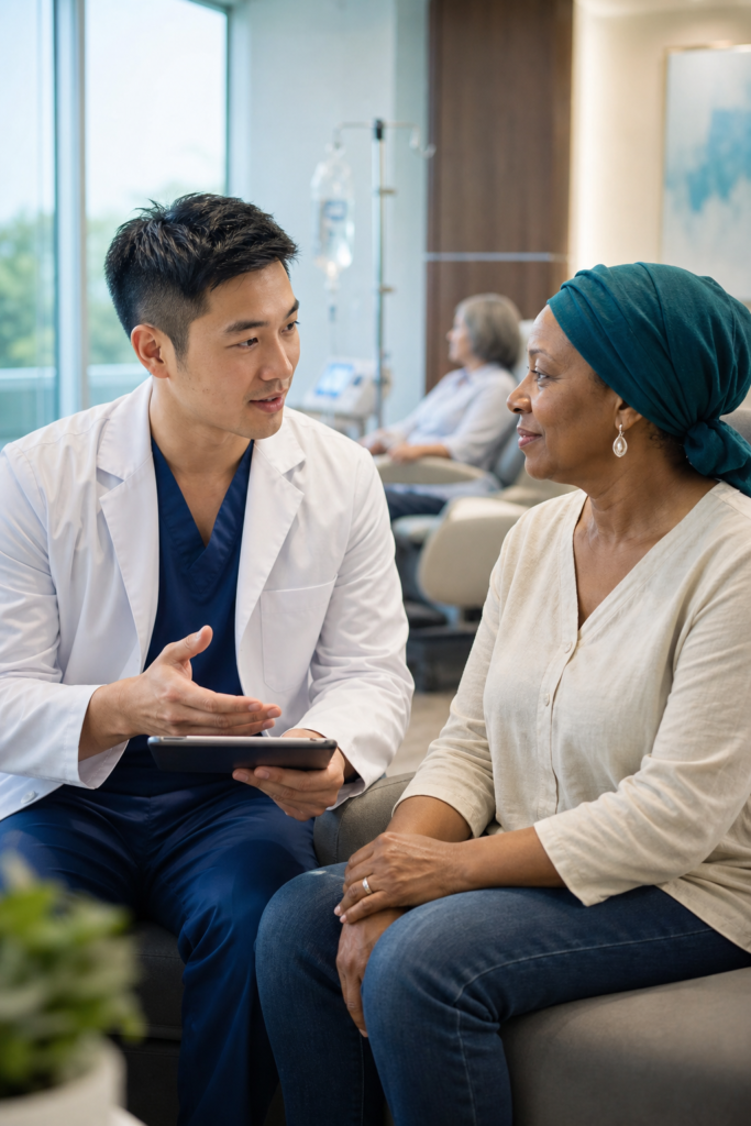 Oncology clinician consulting with a patient in Charlotte, NC