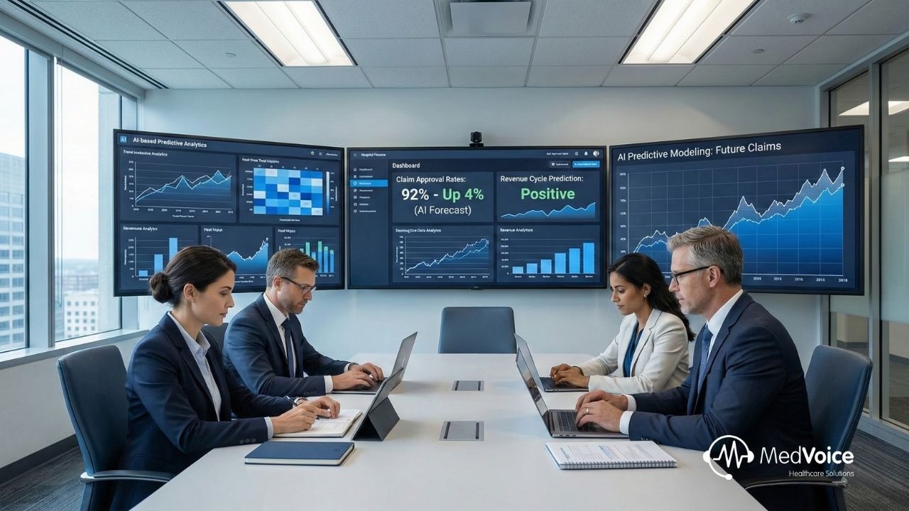 A group of people sitting at a table with laptops, collaborating on RCM strategies and leveraging predictive analytics for denial prevention.