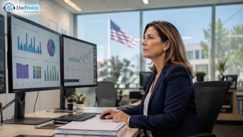 Practice administrator reviewing real-time RCM dashboard metrics