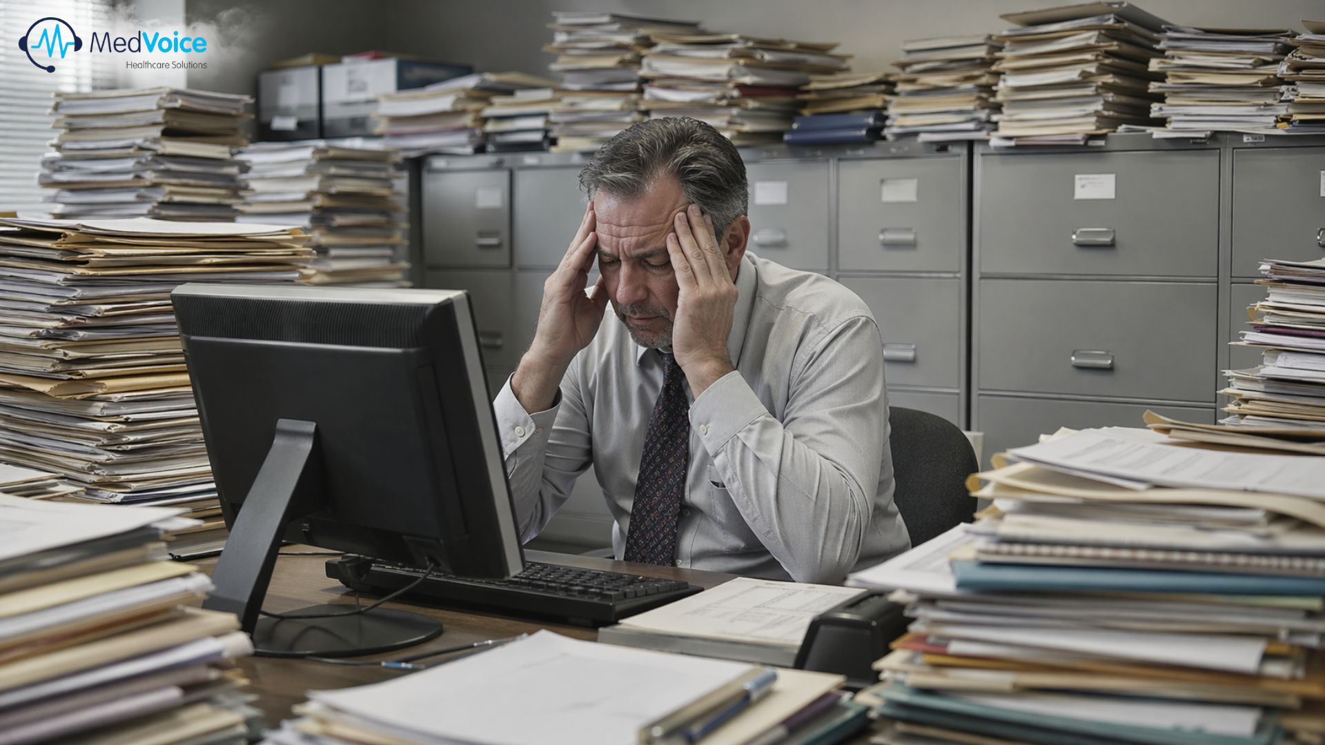 Medical billing office with paperwork showing reactive billing blind spots