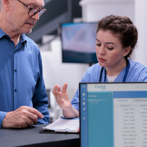 A nurse discusses medical information with an older man at a reception desk; a computer screen displaying patient data and details about medical billing benefits for independent practices is in the foreground.