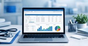 A laptop displaying financial or business analytics dashboards with charts and graphs; medical equipment and paperwork are visible in the background.