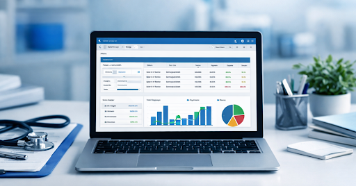 A laptop displaying financial or business analytics dashboards with charts and graphs; medical equipment and paperwork are visible in the background.